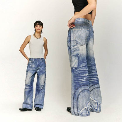 Affixed Cloth Embroidered Jeans - Street Style, Digital Printed, Mid Waist - Buy Center