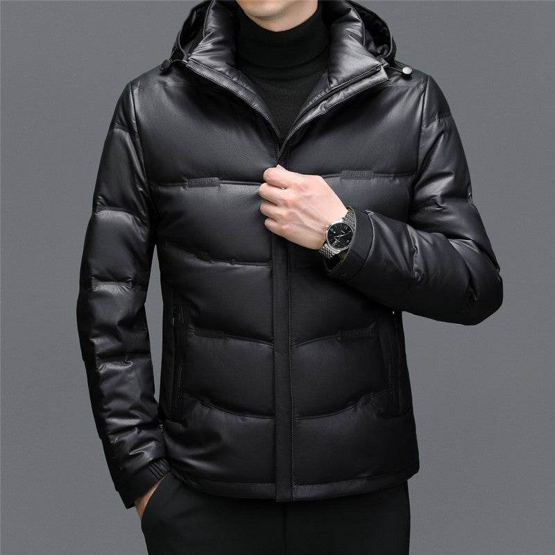 Men's Casual White Duck Down Coat - Premium Leather Hoodie for Warmth - Buy Center