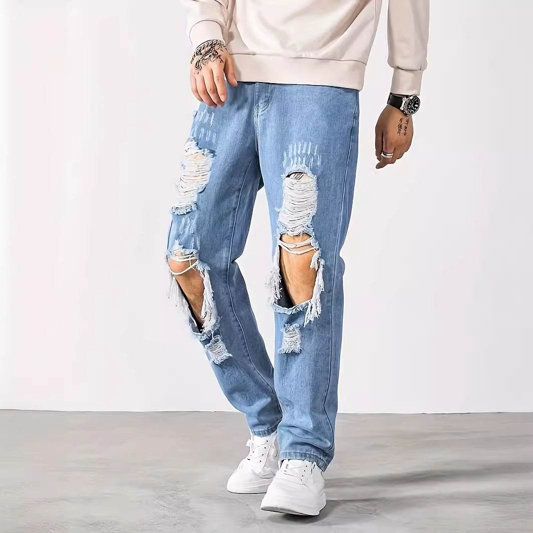 Korean Style Ripped Cropped Pants for Men - Light Blue, Mid Waist Fit - Buy Center
