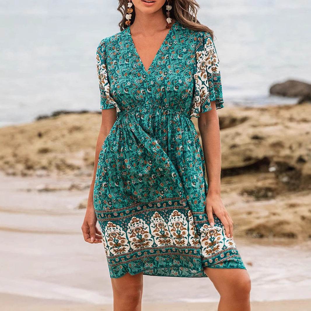 Buycenter Bohemian Green Rayon Dress - Floral High Waist Style - Buy Center