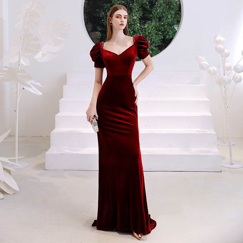 Buycenter Wine Red Fishtail Evening Dress - Elegant Deep V-Neck Style - Buy Center