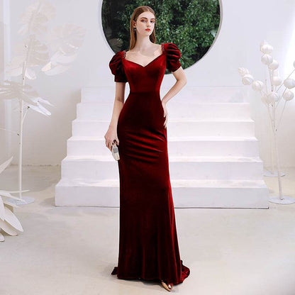 Buycenter Wine Red Fishtail Evening Dress - Elegant Deep V-Neck Style - Buy Center