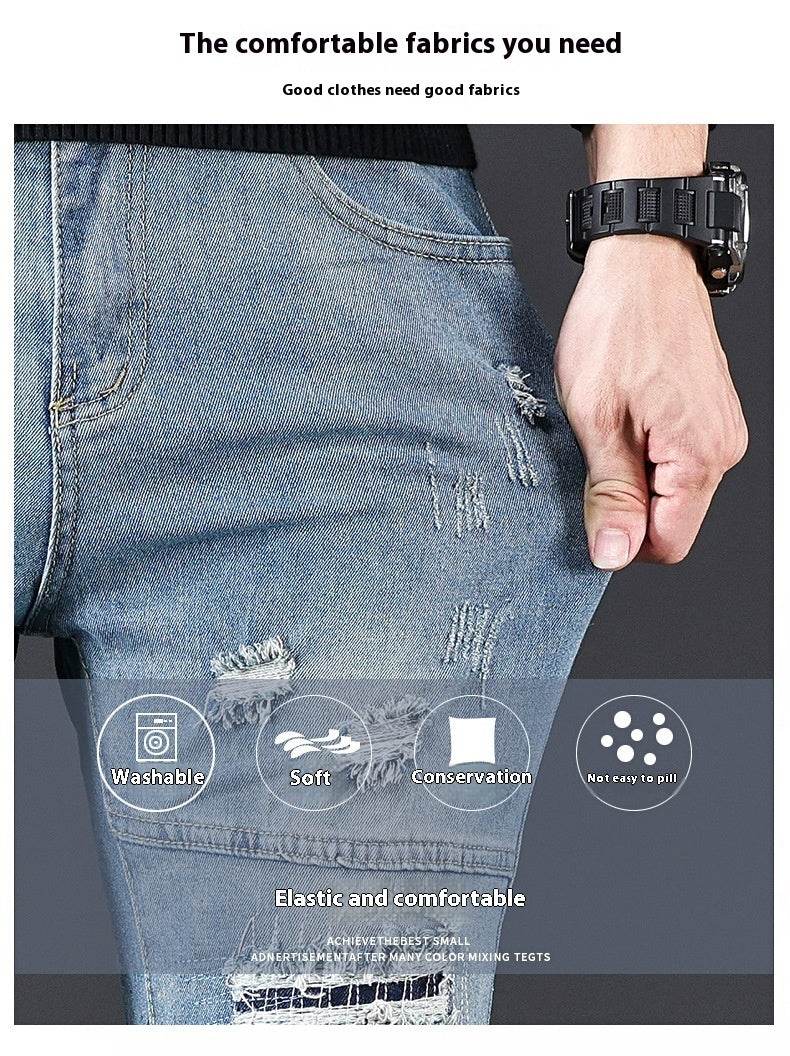 High-End Blue Holes Jeans for Men - Straight Leg Design, Micro Elasticity - Buy Center