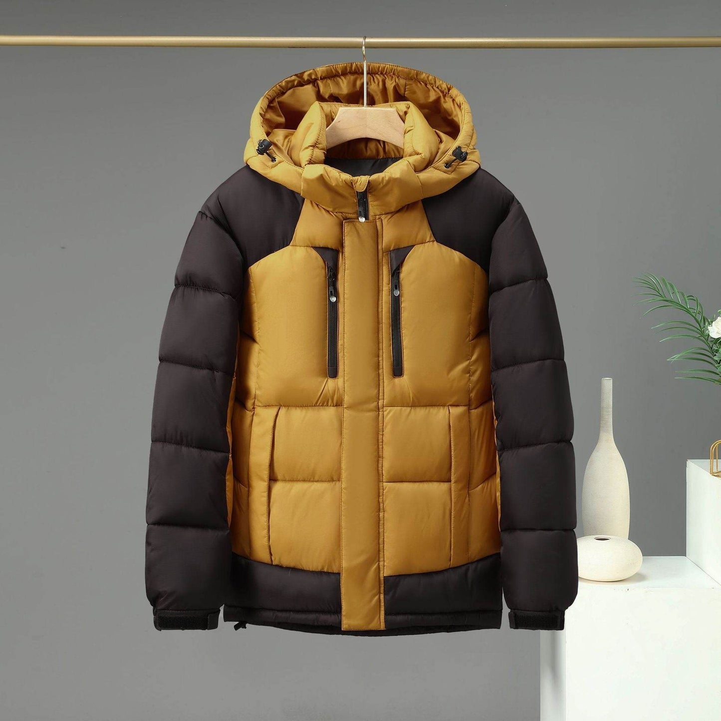 Color Block Down Jacket Coat - Detachable Hood, Winter Warmth & Style - Buy Center