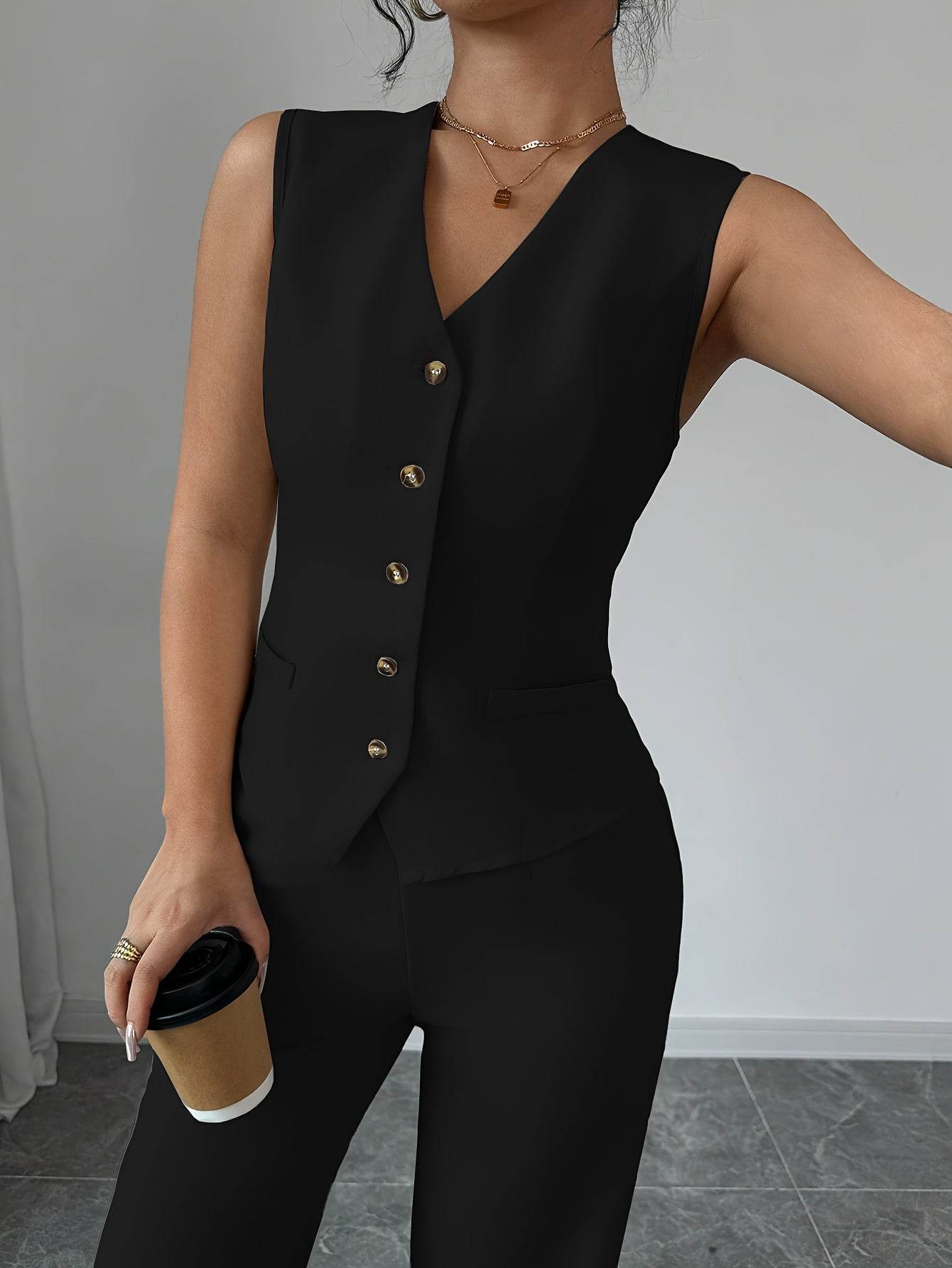 Women's Solid Color Vest & Wide-Leg Pants Set - Elegant Spring Look - Buy Center