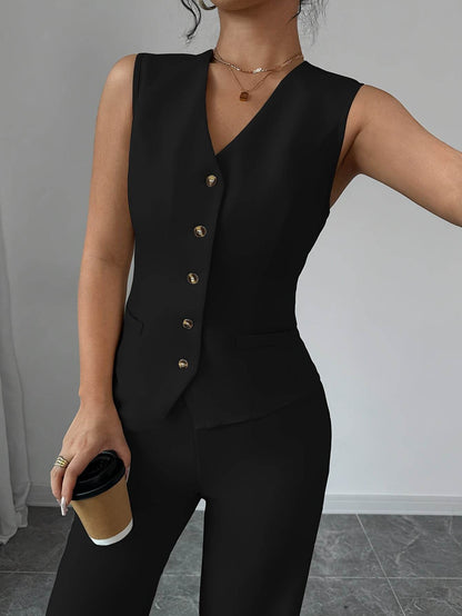 Women's Solid Color Vest & Wide-Leg Pants Set - Elegant Spring Look - Buy Center