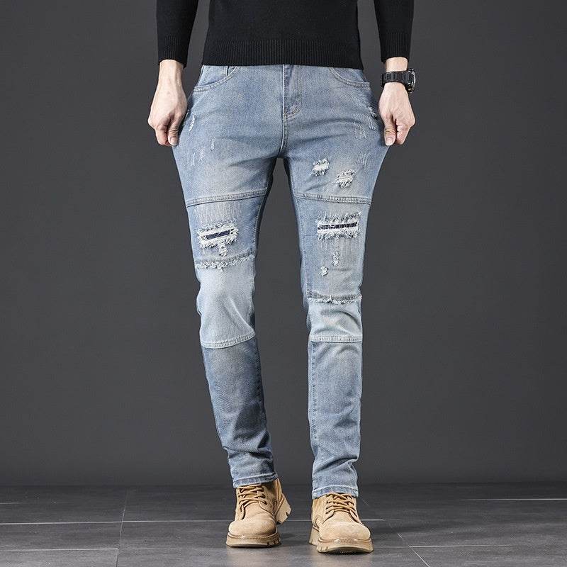 High-End Blue Holes Jeans for Men - Straight Leg Design, Micro Elasticity - Buy Center