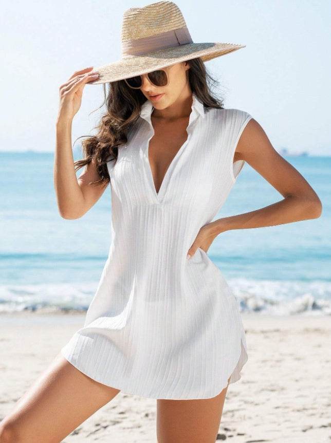 Buycenter Women's Solid Black Cover Up Shirt Dress - Notched Collar Design - Buy Center