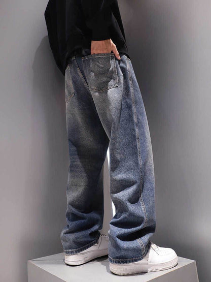 Washed-out Vintage Men's Loose Jeans - Dark Blue, Straight Fit for Comfort - Buy Center