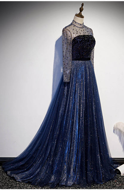 High-End Celebrity Long Tail Dress - Navy Blue Sequin Evening Gown - Buy Center