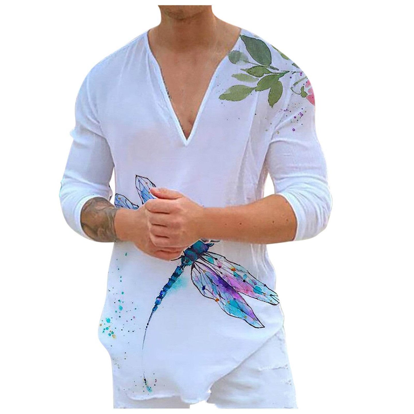 Men's V-Neck Casual Print Long Sleeve T-Shirt - Slim Fit Cotton Blend 2025 - Buy Center