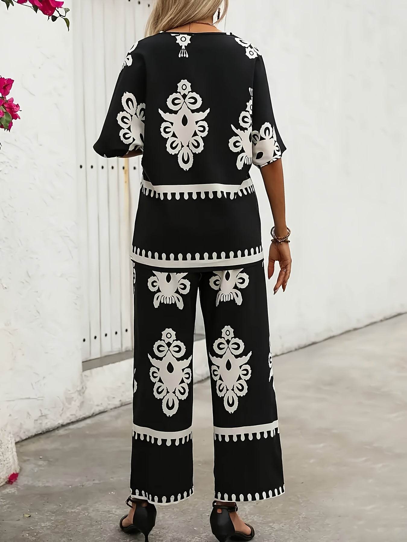 Elegant Geometric Pattern Wide Leg Outfit Set - Polyester, Autumn Fog - Buy Center
