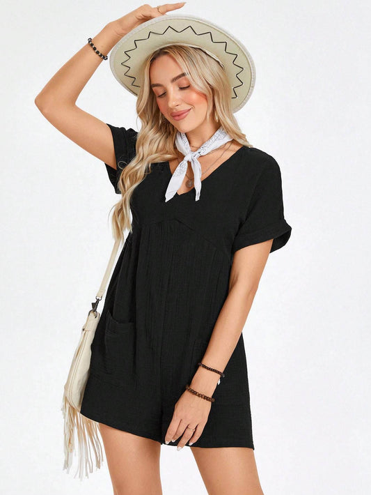 Buycenter Batwing Sleeve Pocket Romper - Casual High Waist Jumpsuit - Buy Center