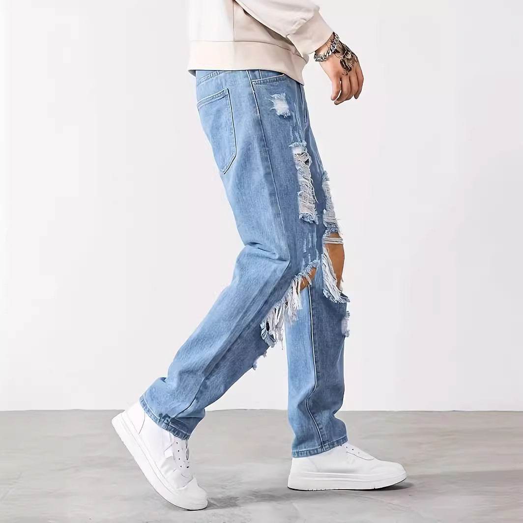 Korean Style Ripped Cropped Pants for Men - Light Blue, Mid Waist Fit - Buy Center