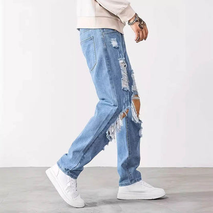 Korean Style Ripped Cropped Pants for Men - Light Blue, Mid Waist Fit - Buy Center