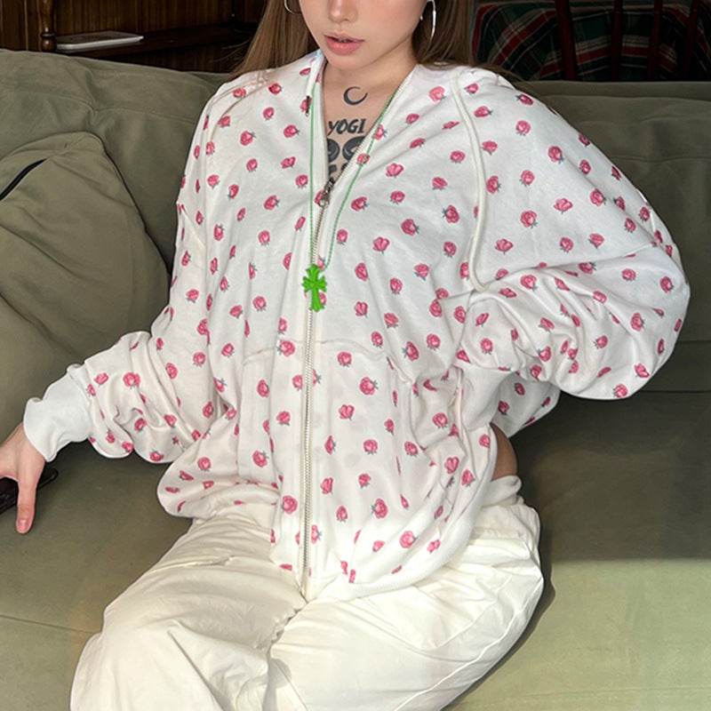 Buycenter Sweet Girlish Rose Printed Hoodie - Cozy Women's Cardigan - Buy Center