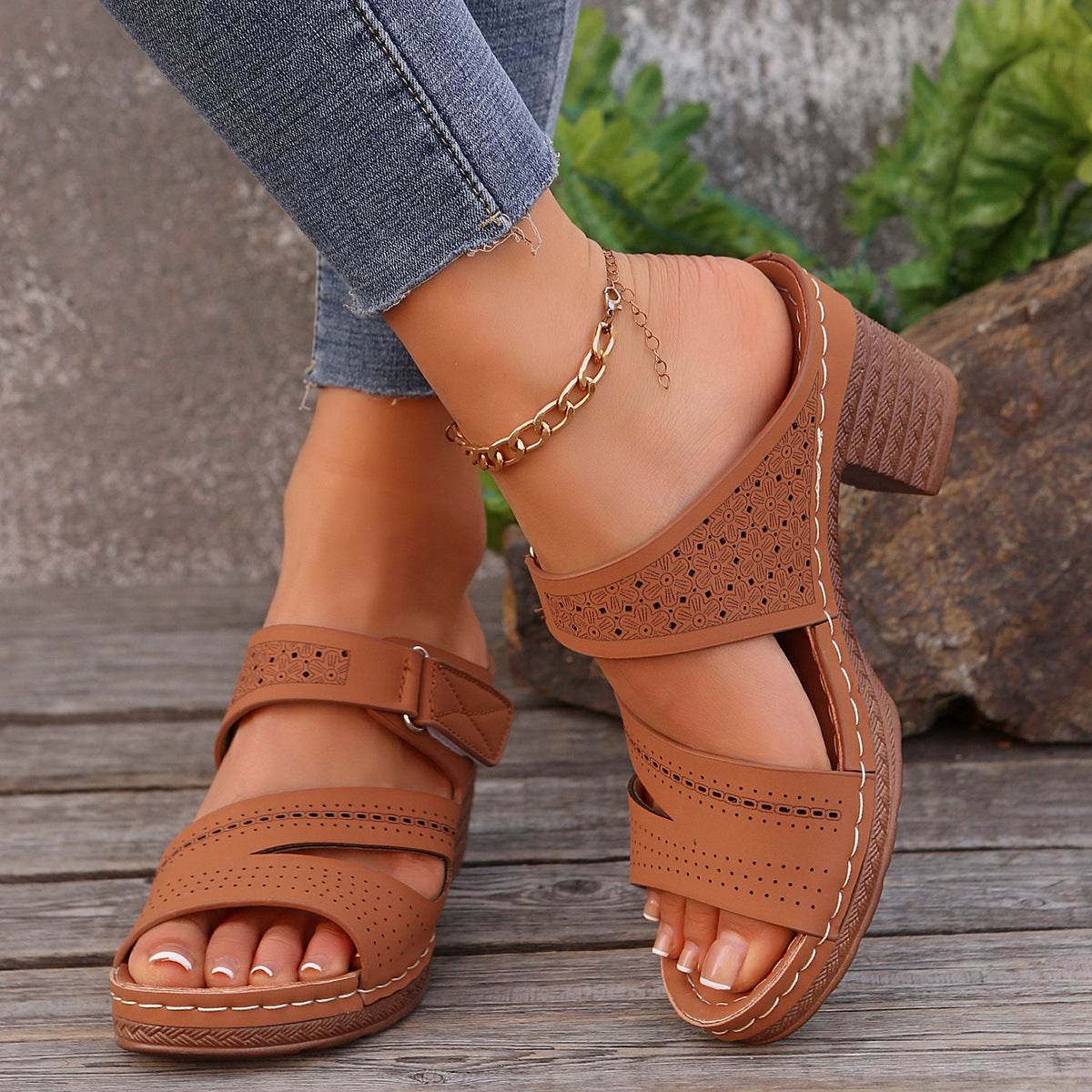 Buycenter Summer Square-Heeled Peep-Toe Slides - Comfortable Casual Slippers - Buy Center