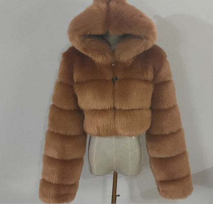 Trendy Short Hood Fox Fur Women's Coat - Stylish Faux Fur & Leather - Buy Center