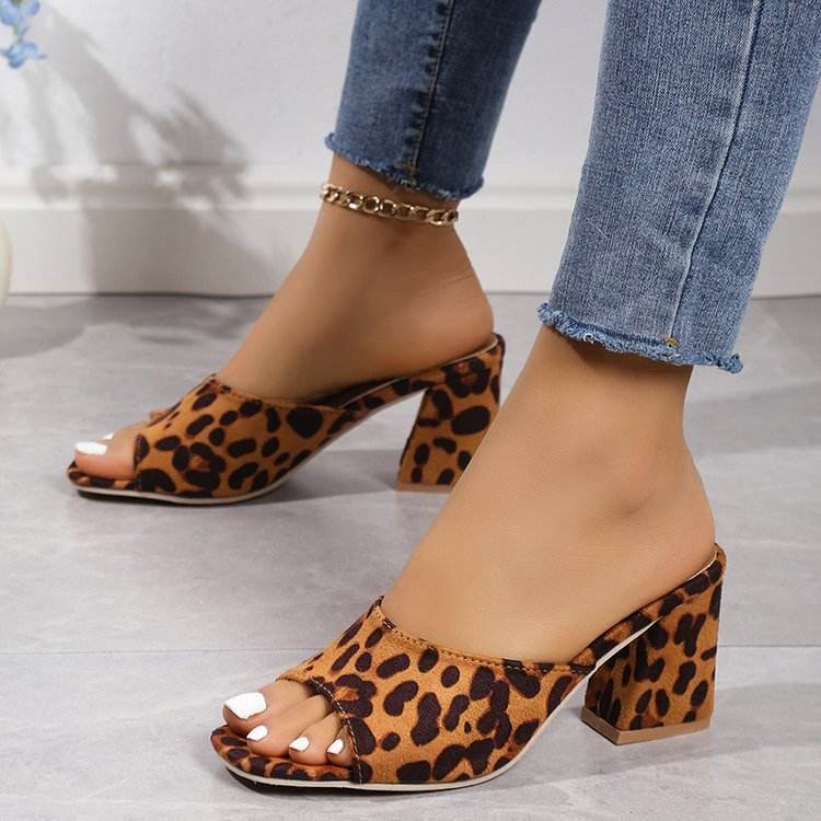 Buycenter Leopard Square Toe Sandals - Stylish High-Heeled Slippers for Women - Buy Center