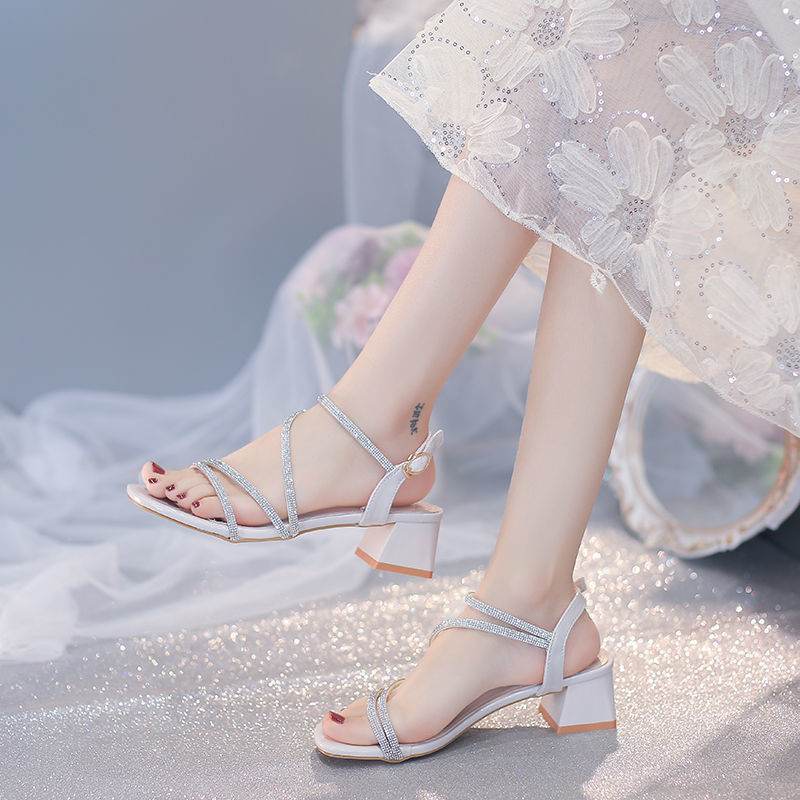 Women's Chunky Heel Sandals - Stylish Ankle Buckle Design in Beige & Gold - Buy Center