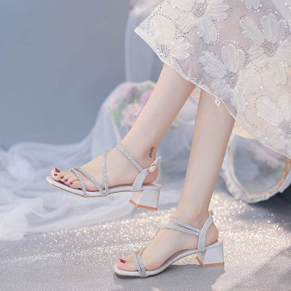 Women's Chunky Heel Sandals - Stylish Ankle Buckle Design in Beige & Gold - Buy Center