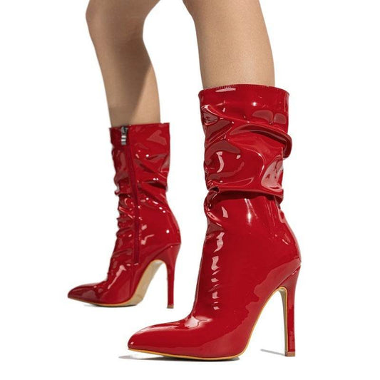 Buycenter Patent Leather Stiletto Heels - Stylish Mid-Calf Boots for Women - Buy Center
