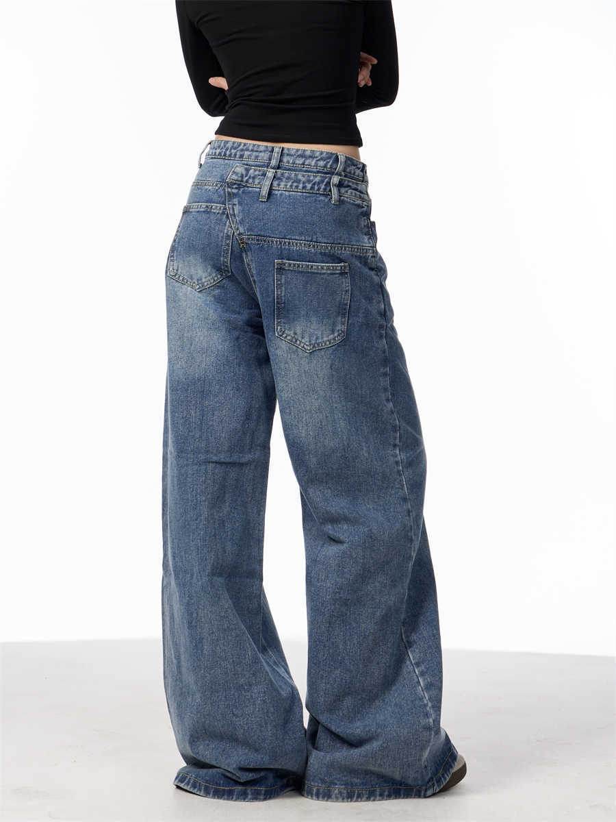 Irregular Breasted Blue Wide Leg Jeans - Trendy Loose Fit for Women - Buy Center