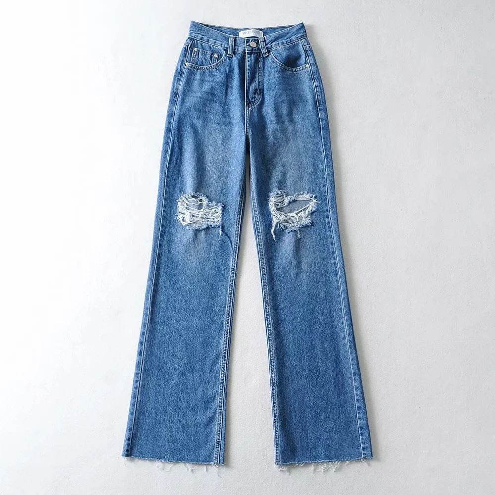 High Waist Light Blue Denim Straight Trousers with Holes - Street Style - Buy Center