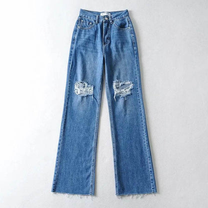 High Waist Light Blue Denim Straight Trousers with Holes - Street Style - Buy Center