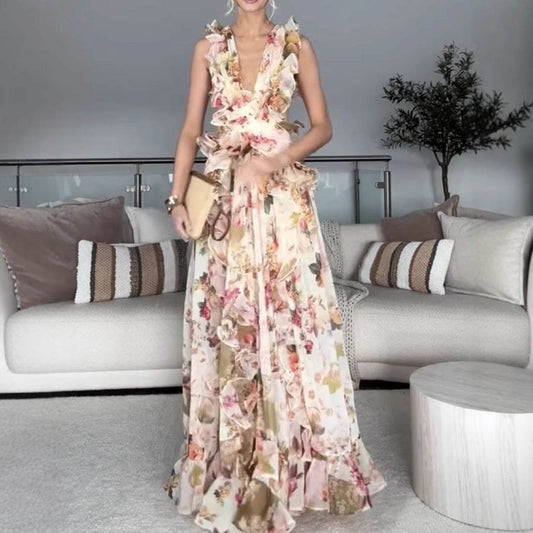 Buycenter Women's Elegant Ruffled V-neck Dress - Colorful Long Skirt - Buy Center