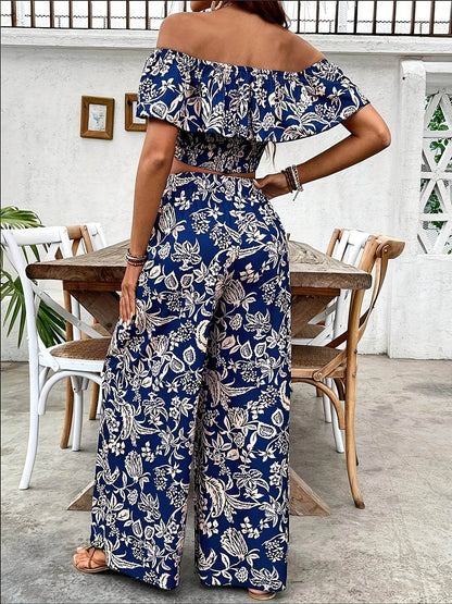 Women's Off-Shoulder Floral Crop Top & Wide-Leg Pants Set - Buy Center
