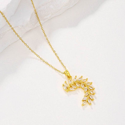 Sparkling Zircon Leaf Pendant Necklace - Gold Wheat Design for Women - Buy Center