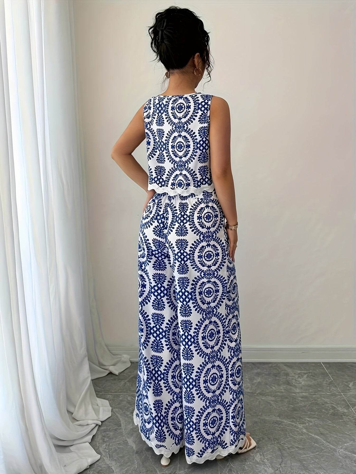 Elegant Women's 2pcs Set - Plant Pattern Top & Pants for All Seasons - Buy Center