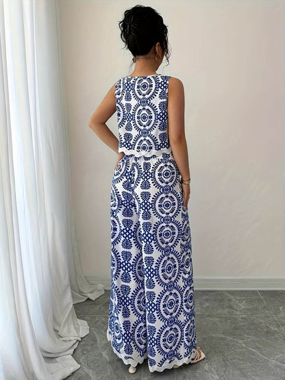 Elegant Women's 2pcs Set - Plant Pattern Top & Pants for All Seasons - Buy Center