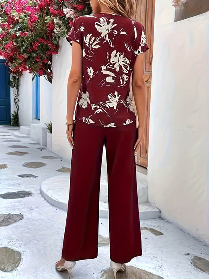 Women's Elegant Two-Piece Set - Floral V-Neck Top & Solid Pants - Buy Center