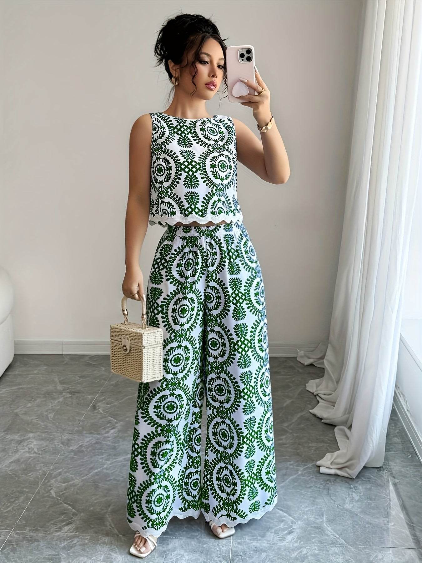 Elegant Women's 2pcs Set - Plant Pattern Top & Pants for All Seasons - Buy Center