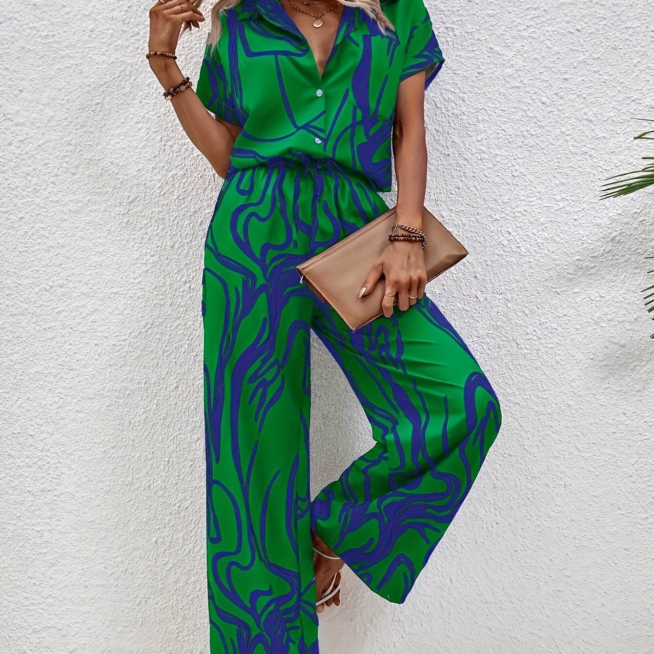 Women's Abstract Print Short Sleeve Shirt & Trousers Set - Casual Style - Buy Center
