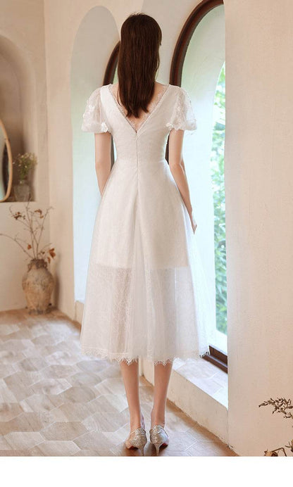 Buycenter White Evening Dress - Embroidered Deep V-Neck for Weddings - Buy Center