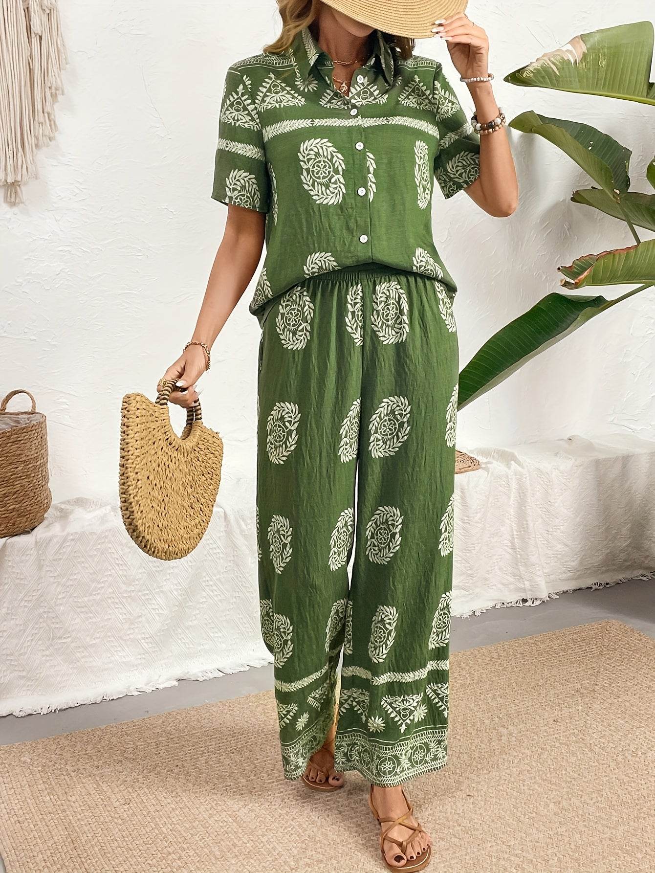 Ethnic Print Cardigan & Wide Leg Pants Set - Elegant Summer Style - Buy Center