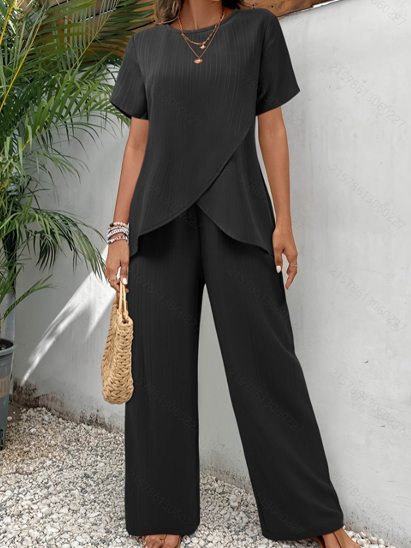 Women's Spring Casual Two-Piece Set - Round Neck Dress Top & Pants - Buy Center