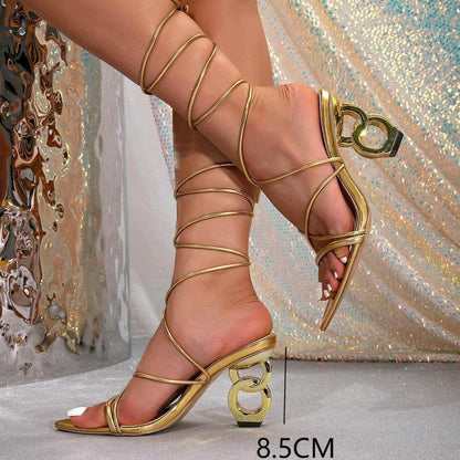 Buycenter Gold High Heel Sandals - Fashionable Lace-Up Design - Buy Center