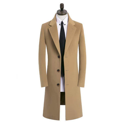 Buycenter Men's Woolen Trench Coat - Stylish Stand Collar, Multiple Colors - Buy Center