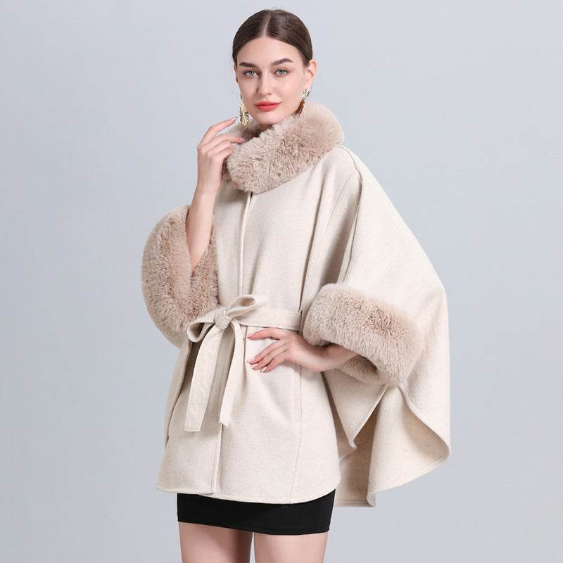 Buycenter Women's Rabbit Fur Collar Shawl Cape - Knitted Padded Jacket - Buy Center