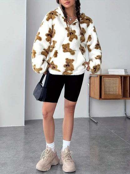 Buycenter Women's Casual Bear Printed Plush Hoodie - Loose Fit, White - Buy Center