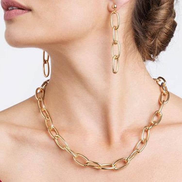 Simple Thick Chain Necklace for Women - Retro Adjustable Style & Earrings - Buy Center