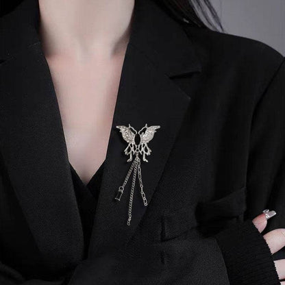 Buycenter Dark Butterfly Tassel Brooch - Elegant Alloy with Chains - Buy Center
