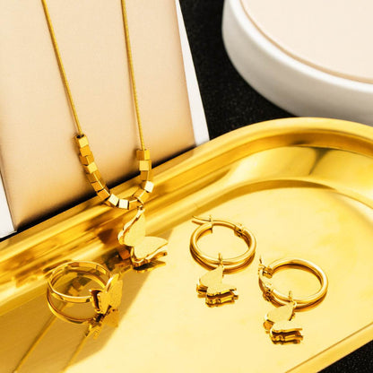Stainless Steel Jewelry Set - Necklace, Earrings & Ring Trio in Butterfly Design - Buy Center