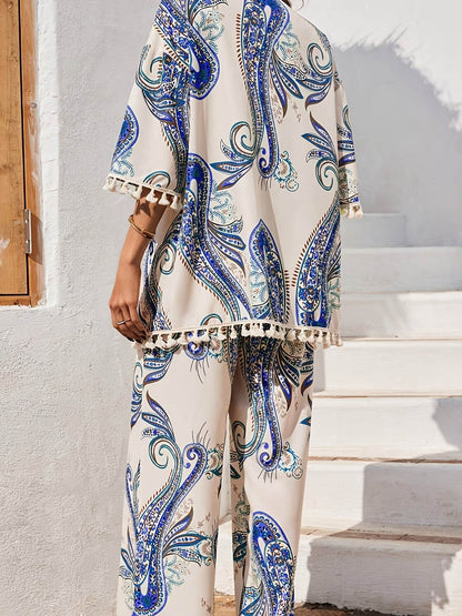 Elegant Women’s Peacock Print Kimono Top & Pants Set - Lightweight - Buy Center