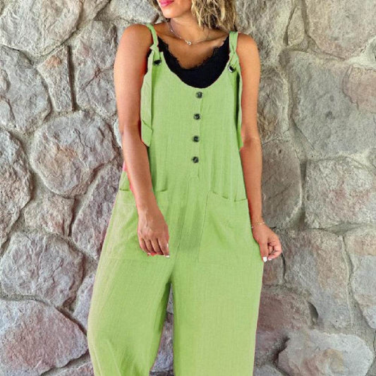 Women's Casual Button Suspender Pants - Chic Cotton-Linen Blend Style - Buy Center
