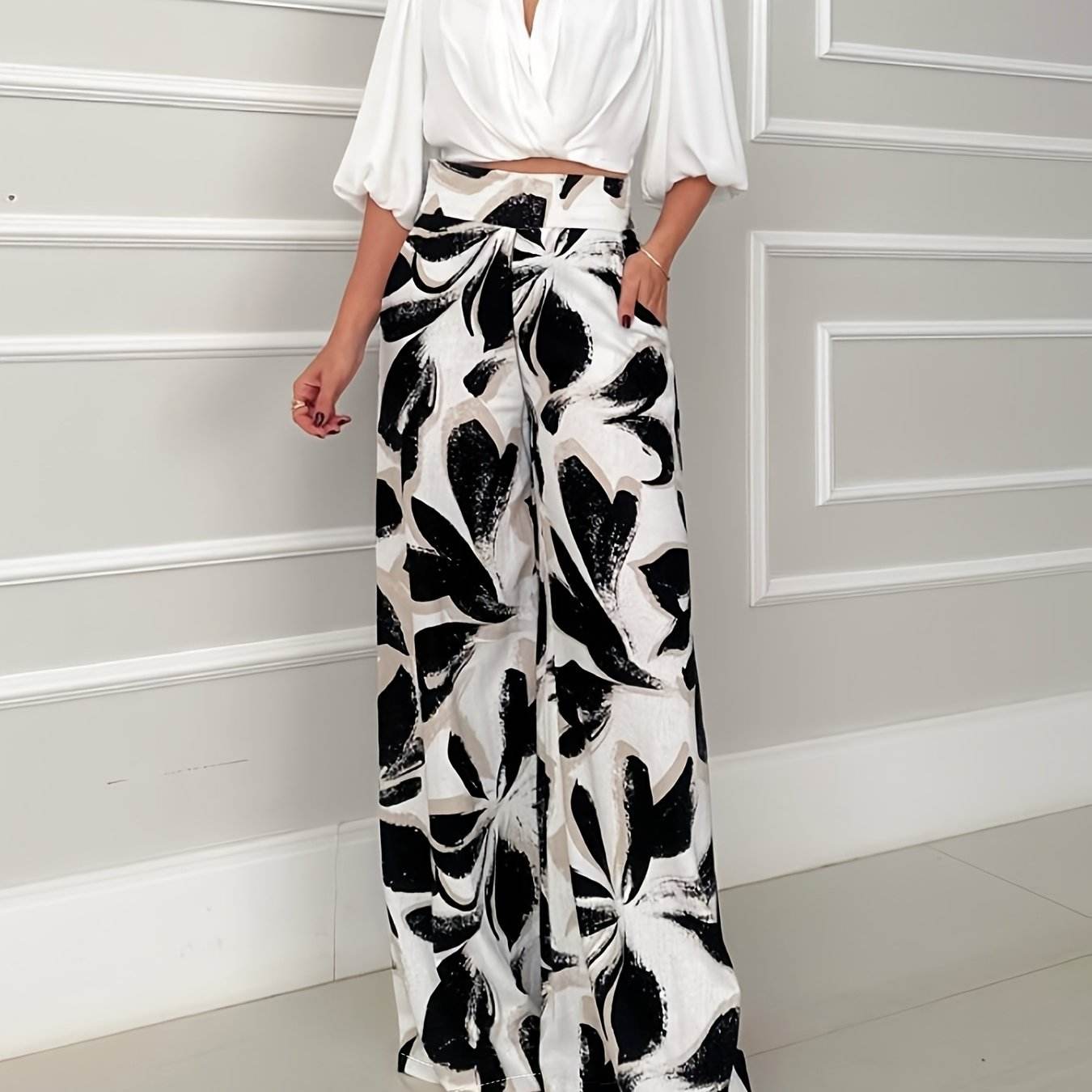 Women's Casual Floral Wide Leg Pants & Off-Shoulder Shirt Set - Buy Center
